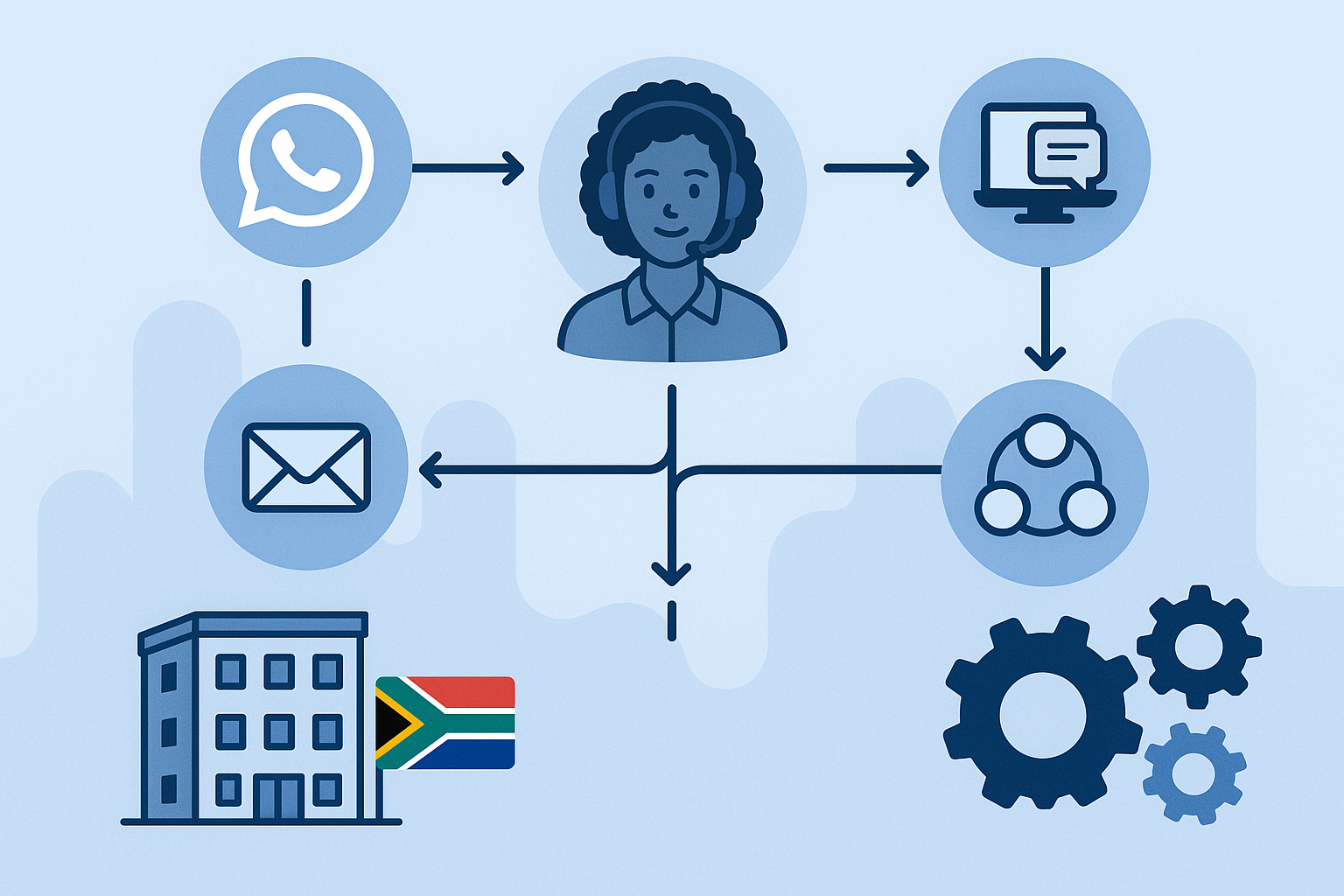 Diagram illustrating workflow automation in a South African customer service setting integrating WhatsApp, email, and CRM systems