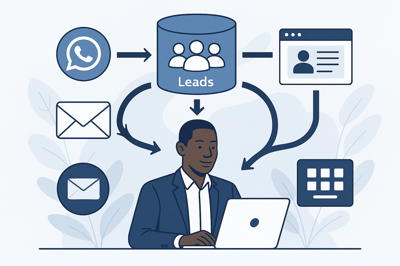 Diagram showing the centralised lead management workflow integrating WhatsApp, email, CRM, and sales teams