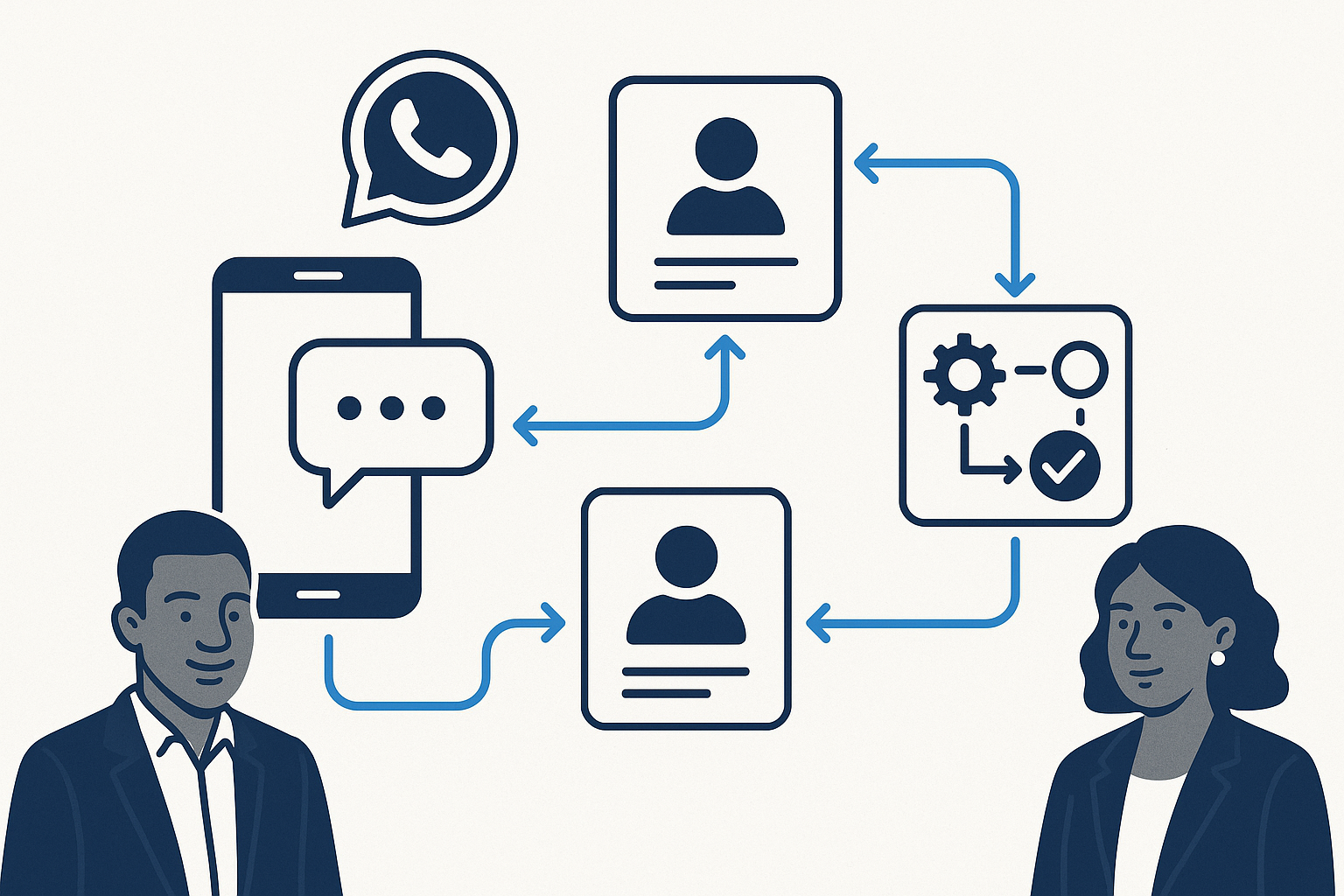 Diagram illustrating customer communication flows using WhatsApp Business API integrated with CRM and automated workflows