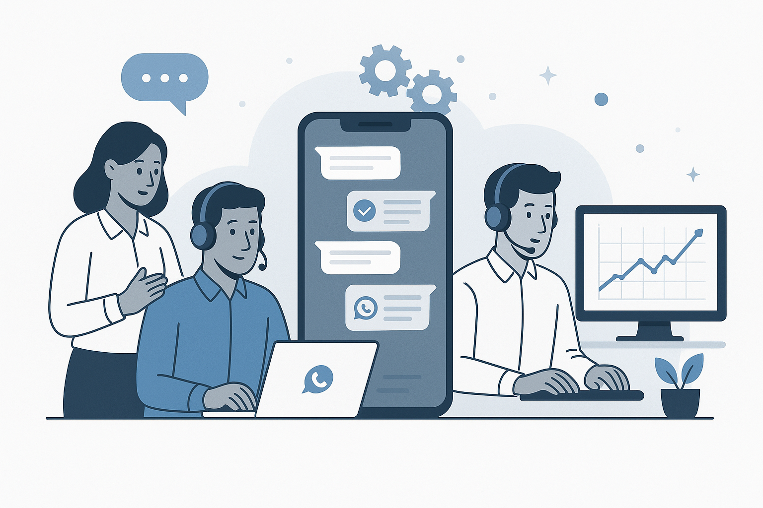 Illustration of a customer service team training workflow using WhatsApp Business API on multiple devices