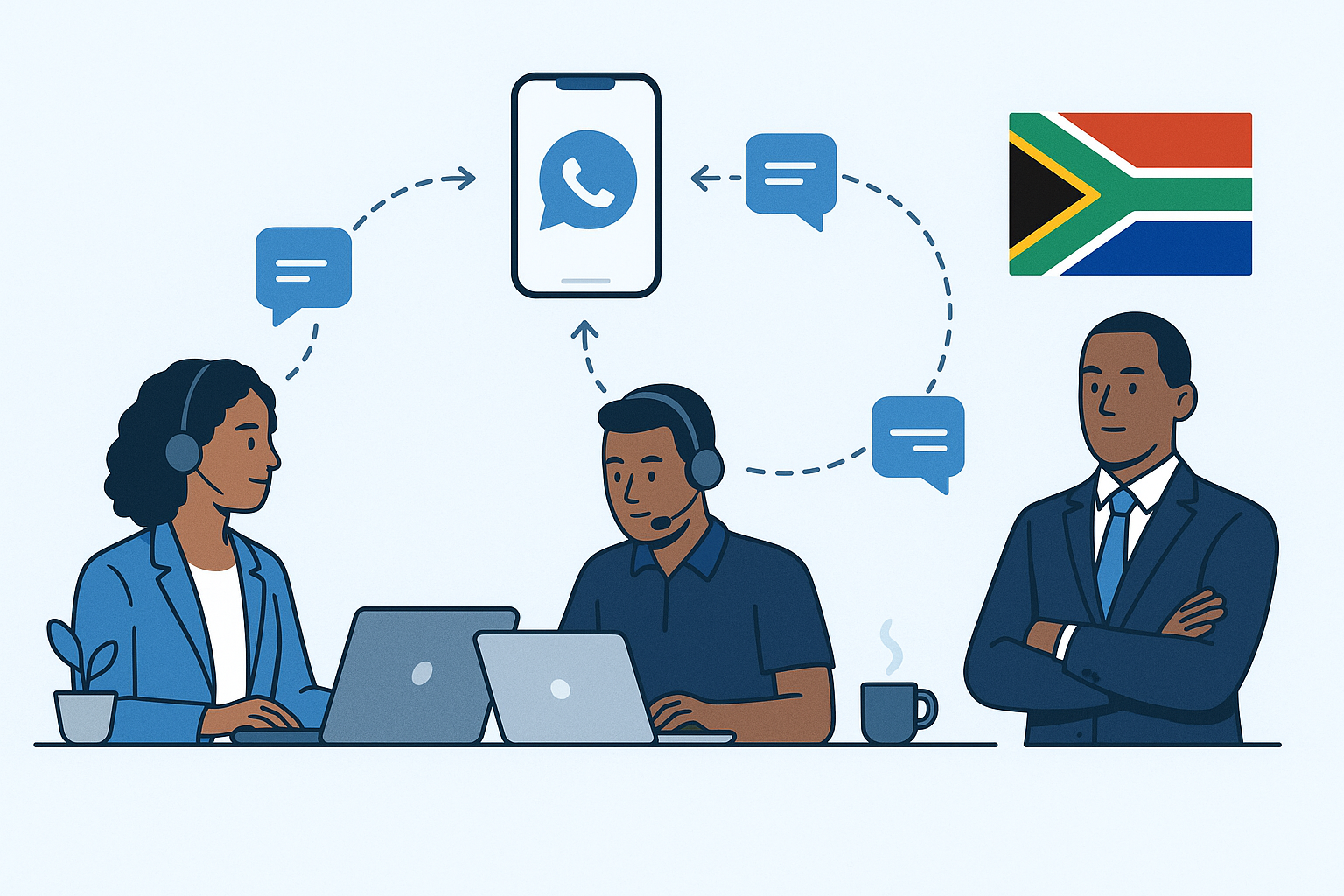 Diagram illustrating internal communication flow using WhatsApp Business API within an organisation