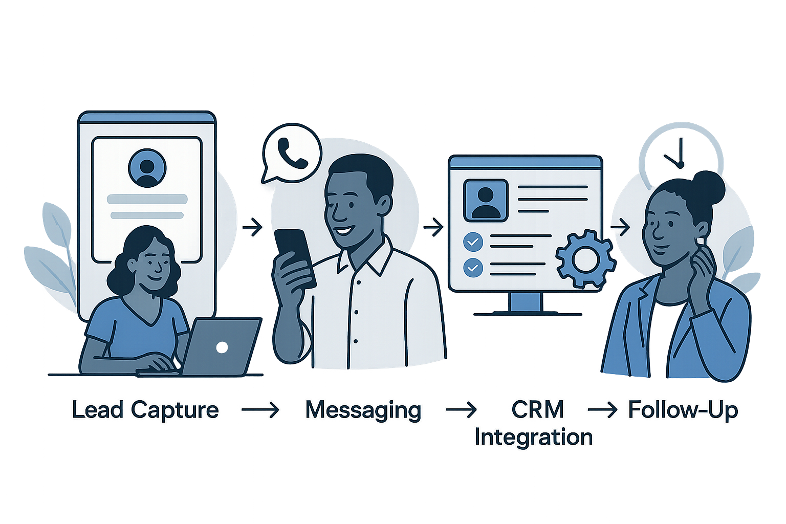 Diagram of WhatsApp Business API sales workflow integrating messaging, lead capture, and CRM