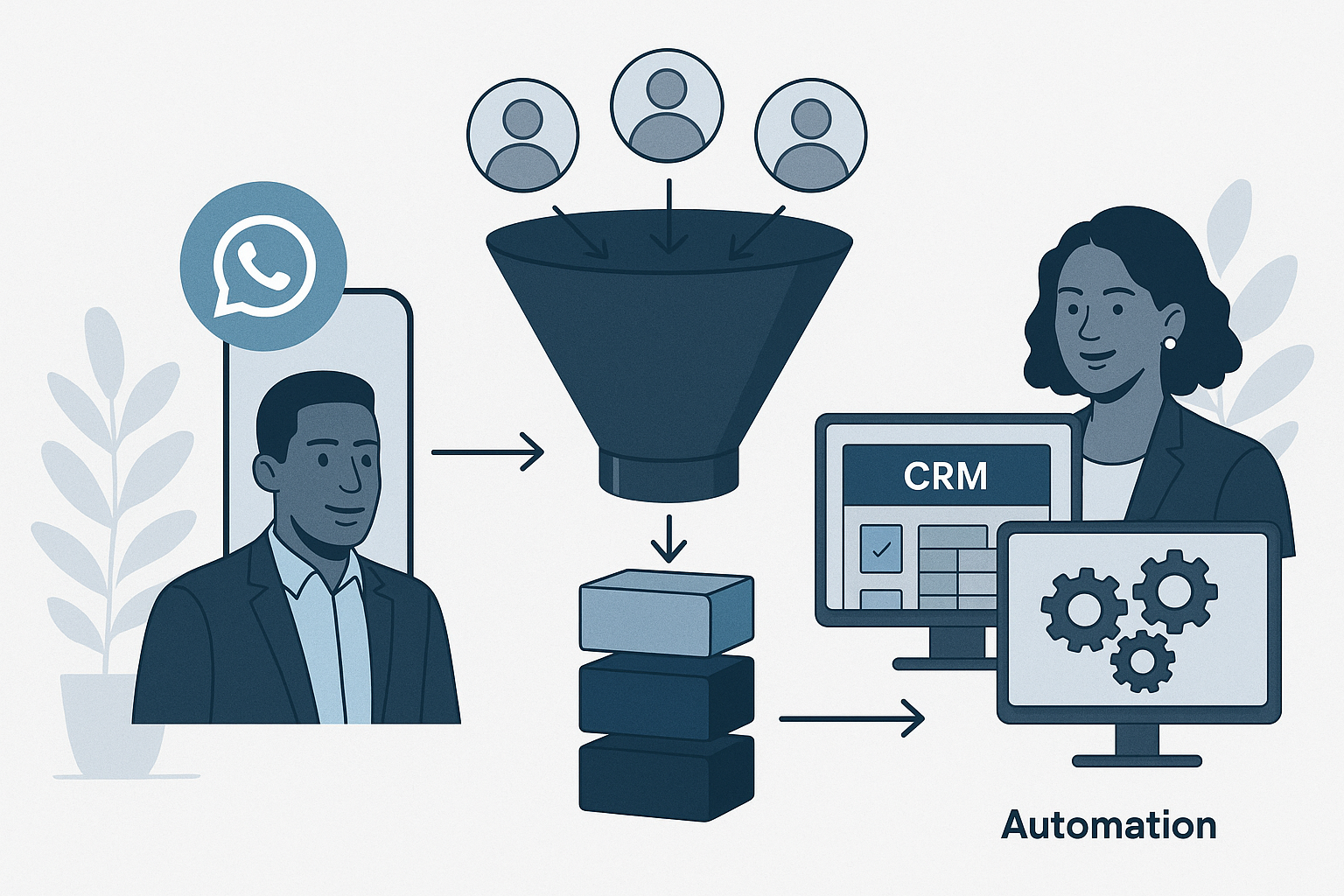 Diagram illustrating WhatsApp Business API sales pipeline workflow from lead capture to CRM update