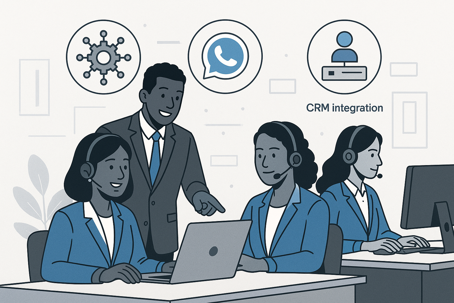 Diagram showing the scaling process of customer service teams using WhatsApp Business API with workflow automation and CRM integration