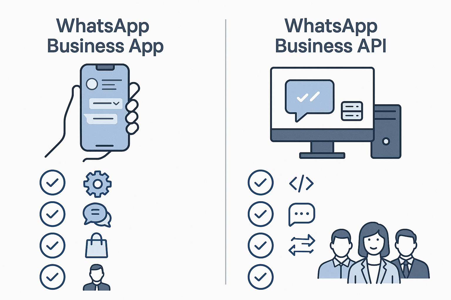 Diagram comparing WhatsApp Business App and WhatsApp Business API features and team use cases